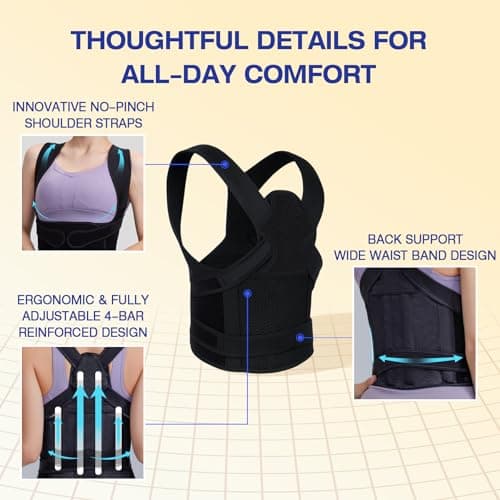 Winvote Posture Corrector Back Brace for Women and Men with Lumbar Support Adjustable Y-Shaped Shoulder Brace Breathable Mesh Black Size L view 2