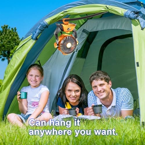 Camping Fan - Rechargeable Portable Battery Powered Camping Fans for Tents with LED Light, Power Display, Timers & 360° Hanging Hook, Ultra Quiet USB Personal Tent Fan for Fishing Travel Home Office view 2