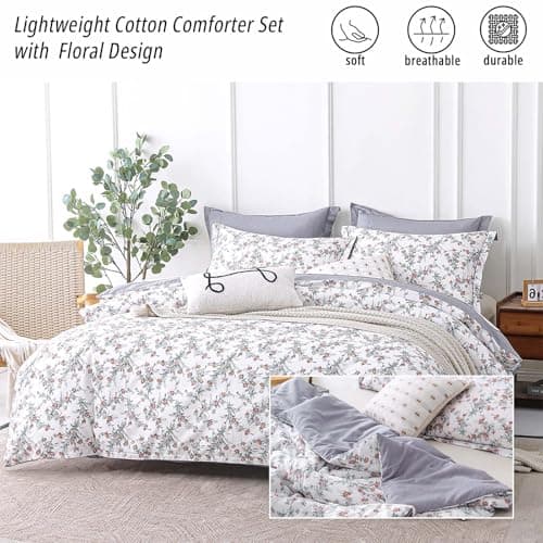 ALEISSEL White Floral Cotton Comforter King Size - 3PC Lightweight Bedding Sets with Soft Fill, Elegant Pale Purple & Burgundy Botanical Patterns with Light Gray Reversible Design view 2