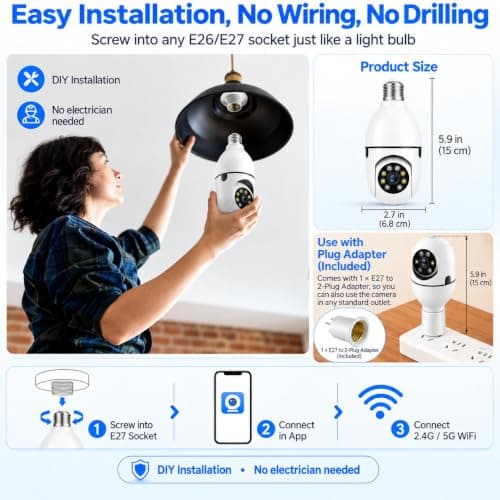 Picturesky Light Bulb Security Camera 2‑Pack, 3MP Wireless Outdoor Camera, 2.4GHz/5GHz Dual‑Band WiFi, Light Socket Camera, Two‑Way Talk, Human Detection, Color Night Vision, TF Card & Cloud Storage view 3