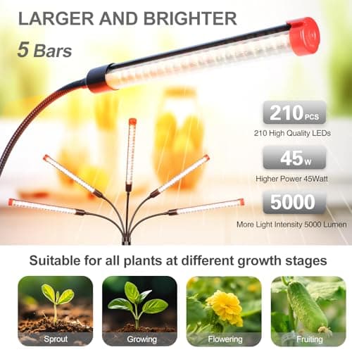 FECiDA Gamechanger! 45 Watt Power Draw, NO Need Adapter, 5Head Grow Light with Tripod Stand, 2026 Big Coverage LED Grow Lights for Indoor Tall Plants, Bonsai Tree, 4/8/12/16/20H Timer view 5