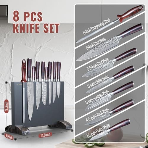 Black Knife Set With Block - 8 Pieces High Carbon Stainless Steel Magnetic Knife Set with Sharpener, Ultra Sharp Kitchen Knives Sets for Cooking with Ergonomic Handle view 3