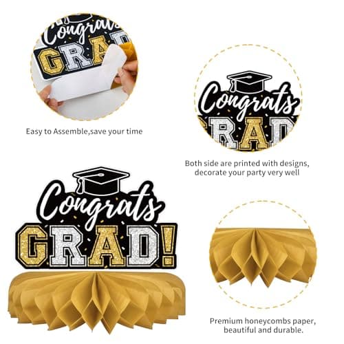 10Pcs Graduation Decorations 2026 Class of 2026 Congrats Grad Table Centerpieces Congratulate Graduation Honeycomb Table Toppers for Graduation Party Supplies 2026 Graduation Party Decorations Black view 4