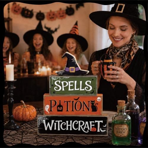4 Pcs Hocus Pocus Decor, Vintage Halloween Decorations Indoor Table Sign | Halloween Kitchen Decor, Wooden Witch Hat Halloween Party Centerpieces, Tiered Tray Decor for Office Home Mantel Shelf view 6