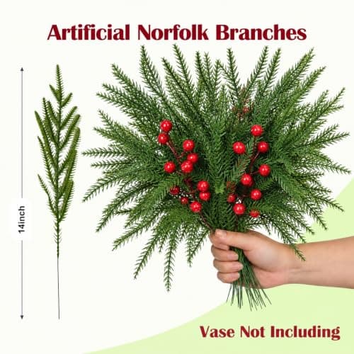 Artificial Christmas Norfolk Pine Branches with Red Berry Stems view 2