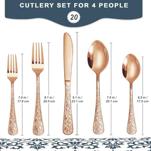 Runfly Vintage Carved Rose Gold/Copper Stainless Steel 20 Pieces Flatware Set, Silverware Set, Modern Embossed Cutlery Set Utensils Including Fork Spoon and Knife view 3