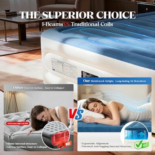 VOSSER Queen Air Mattress with Built-in Pump,18'' Raised Blow Up Mattress, Leak-Proof Air Bed with Storage Bag, Flocked Top Inflatable Mattress for Home, Camping & Guests，800lbs view 4