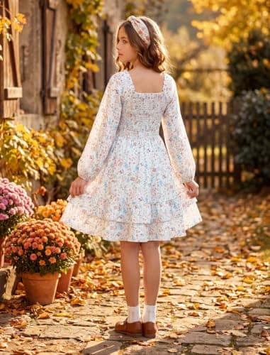 HOZIY Girls Fall Floral Dress Holiday Long Sleeve Square Neck High Waist Ruffle Tiered Midi Dresses 6-14Y view 4