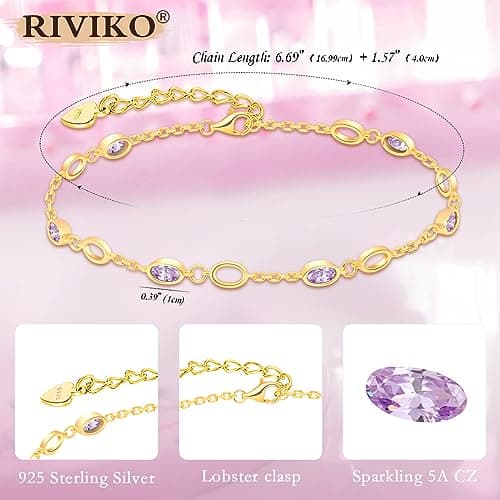 RIVIKO Birthstone Bracelets for Women,925 Sterling Silver Gold Plated Dainty Women Charm Link Bracelet,Adjustable Anniversary Jewelry Chrismas Birthday Mothers day Gifts for Mom Her Wife Friend Lady view 5