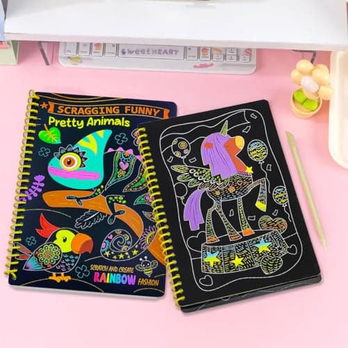 JUNQIU 2 Pack Animal & Unicorn Scratch Art for Kids, Rainbow Scratch Paper Art Notebook, Arts and Crafts for Boys Girls, Birthday Gifts Party Games view 7