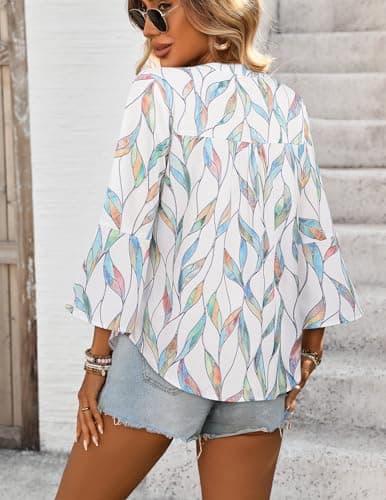 LOOKBOHO Womens Boho Tops Ruffle 3/4 Sleeve Button V-Neck Dressy Casual 2026 Fall Bell Sleeve Floral Business Blouses view 3