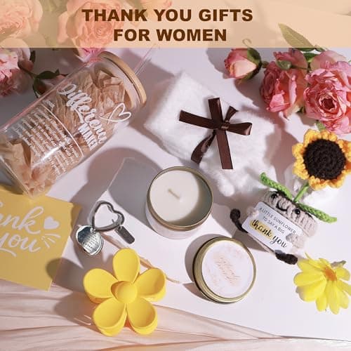 Thank You Gifts for Women Appreciation Gift Basket Sunflower Scented Candle Glass Cup Crochet Decor Unique Set for Coworkers Teacher Employee Volunteer Social Worker Paraprofessional view 3