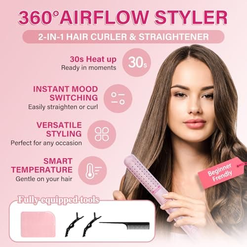 Airflow Styler Curling Iron,360° Cool Air Lock in Style for Lasting Curls, 2 in 1 Hair Straightener and Curler, Anti-Scald for Short Long Hair（Pink） view 2