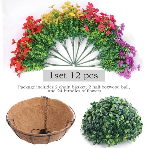 Hananona 2 Set Artificial Outdoor Flowers with Hanging Basket, 2 Hanging Planters with 24 Pcs Flowers for Spring Summer Front Porch Garden Patio Home Decor (2, Red, Purple, Yellow, Rose Red) view 4