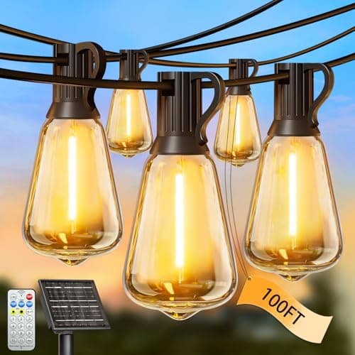 Skoiuc 100FT Solar String Lights Outdoor Waterproof with Remote & Timer, LED Shatterproof ST38 Bulbs, USB & Solar Powered Patio Lights for Backyard, Porch, Garden, Wedding, Christmas Decor — image 1