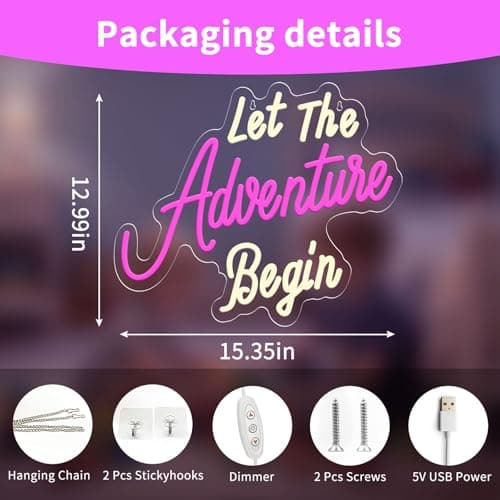 Let The Adventure Begin Neon Sign, Dimmable LED Neon Light for Wall Decor, USB Powered Acrylic Neon Sign for Bedroom, Man Cave, Camping, RV, Party & Adventure Themed Decoration 15.35 x 12.99 in view 2