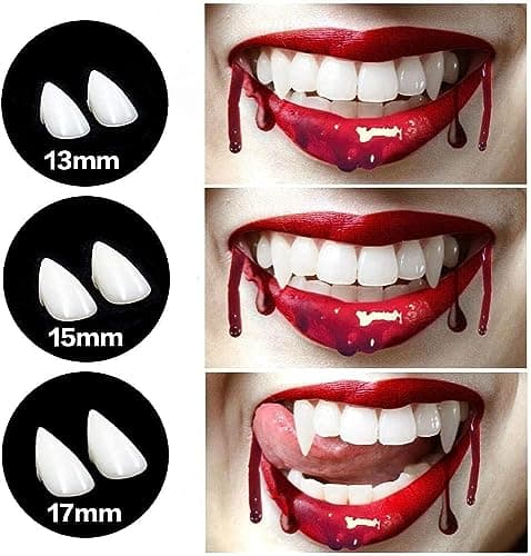 Halloween Realistic Vampire Teeth and Fake Fangs | Vampire Fangs Teeth with Upgraded Reusable Adhesive (13mm, 15mm, 17mm) view 3