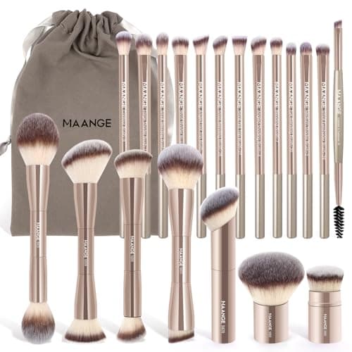 MAANGE 20 PCS Foundation Makeup Brush Set, Double-ended Kabuki Contour Brush for Liquid Powder Concealer Blending Blush Face Makeup Tools (Gold)
