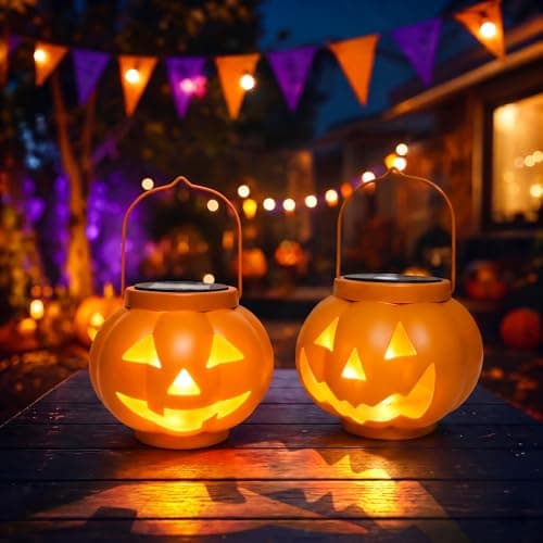 BRIGHTDECK Halloween Pumpkin Solar Lanterns 2 Pack, Jack O Lantern Pumpkin Lights for Halloween Decorations Outdoor, Weatherproof & Portable Fall Yard Decor (2Pack Warm White) view 6