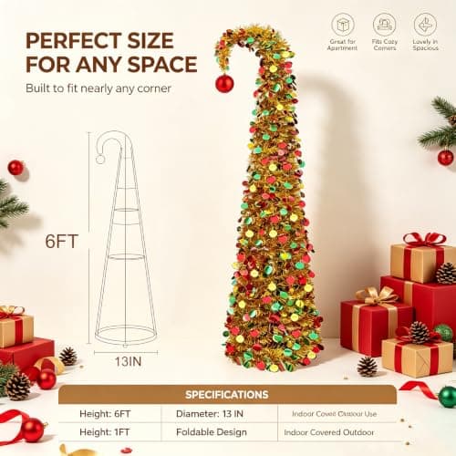 6 FT Pop Up Christmas Tree Curved with Lights & Ball for Christmas Decor view 3