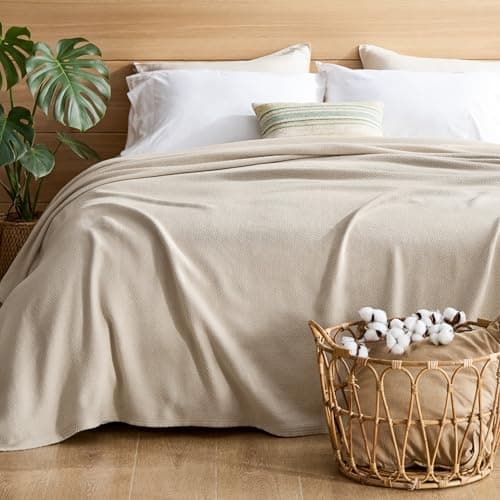 Bedsure GentleSoft 100% Cotton Blanket King Size for Bed - Breathable and Lightweight, Soft Cozy Textured Herringbone Woven Blanket for Summer Spring, Linen Beige, 108x90 inches view 2