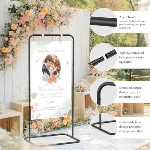 Wedding Welcome Sign Stand, Adjustable Welcome to Our Wedding Sign Holder with Poster Design & Leather Hanging Straps & Vine, Black Easel Stand for Welcome Sign, Party, Seating Charts, Wedding Decor view 3