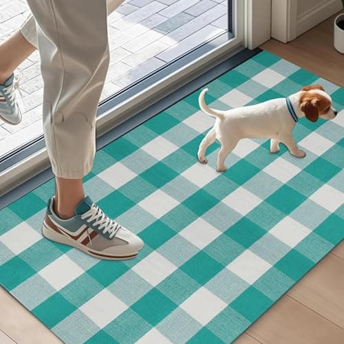 LYGLIGH Buffalo Plaid Rug, Green and White Outdoor Rug, 23.6"x51" Checked Rugs Washable, Cotton Front Door Mat Indoor, Low Pile, Fade Resistant, Pet-Friendly Area Rug for Kitchen, Farmhouse, Entryway view 6