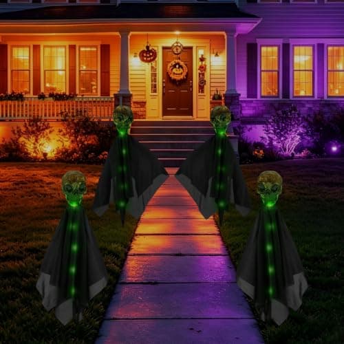 4 Pack Halloween Decorations Outdoor Solar Garden Lights, Solar Creepy Skull Path Lights, IP65 Waterproof 8 Modes Green Halloween Solar Lights Outdoor for Yard, Grave, House, Halloween Party — image 1