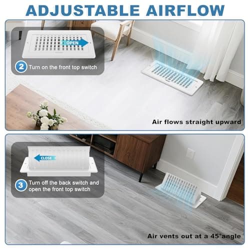 Floor Vent Covers with Vent Deflector, Adjustable Floor Register 4x10, Air Vent Deflector Includes Mounting Screws for Floor Wall & Ceiling for Easy Install, 2 in 1 Floor Vents, White, 2 Pack view 4