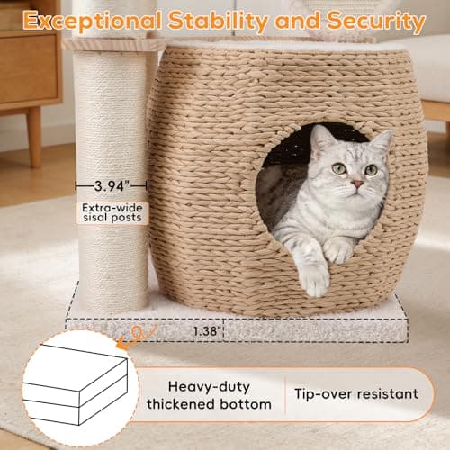EMUST Luxury Modern Cat Tree Tower 50IN - Heavy-Duty Multi-Level Cat Condo with Extra-Large Hand-Woven Rattan Bed & Thickened Scratching Post for Indoor Cats Large Adult view 2