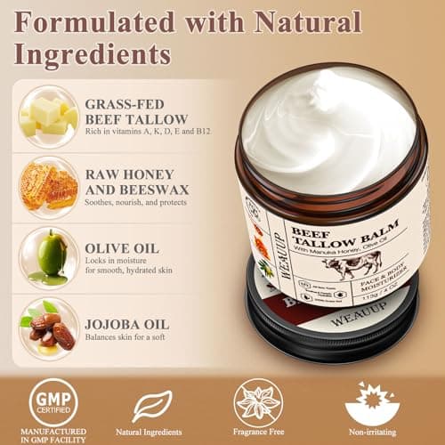 WEAUUP Beef Tallow for Skin, Organic Grass Fed Whipped Beef Tallow Balm, Tallow and Honey Balm with Raw Honey and Beeswax, Nourishing Moisturizer for Face & Body Natural Skin Care for Soft view 2