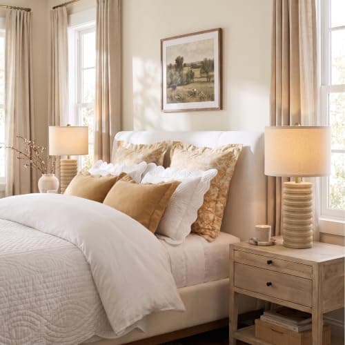 PoKat 23'' Farmhouse Table Lamps Set of 2 for Bedroom, Stone-Like Ceramic | Bedside Lamps for Nightstand, Distressed Handcrafted Base, Antique Sand-Beige Color, Boho Lamps for Living Room Side Table view 6