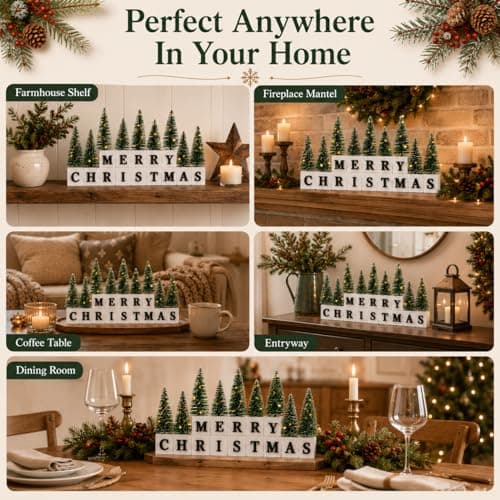 Merry Christmas Table Decor with Warm Lighted Mini Trees and 3D Letters Wooden Christmas Sign for Mantel, Shelf, Fireplace, Entryway, Rustic Farmhouse Indoor Xmas Decor view 5