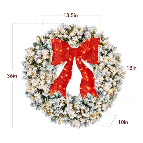 Best Choice Products 36in Large Flocked Artificial Pre-Lit Fir Christmas Wreath Holiday Accent Decoration for Door, Mantel w/Red Lighted Bow, 150 LED Lights, 300 PVC Tips, Power Plug-in view 2
