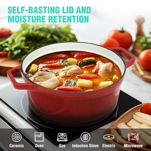 HAUSHOF 5.3QT Enameled Cast Iron Dutch Oven with Lid, Non-Stick Pot for Sourdough Bread Baking, Stewing, Rosting, Island Spice Red view 6