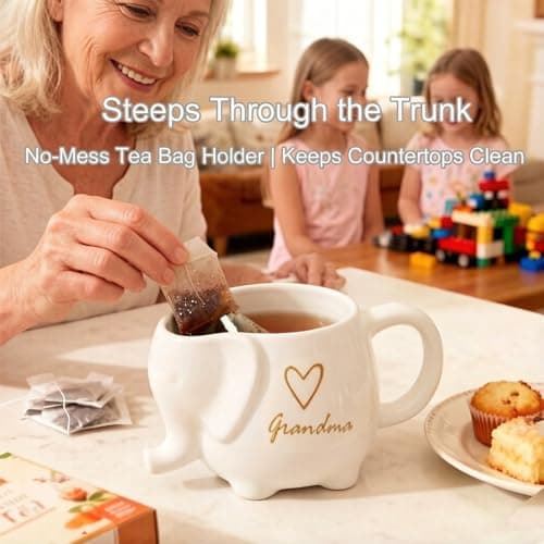 Web Launcher String Shooters Elephant Tea Mug with Sister Text, 15 Ounce Ceramic Coffee Cup with Heart Design and Tea Bag Holder, White Stoneware Mug for Daily Use (Grandma, White) view 6