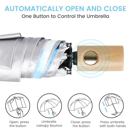 G4Free UPF 50+ UV Protection Travel Umbrella with Wooden Handle, 42 Inch Lightweight Sun Rain Folding Umbrellas Auto Open Close (Sky) view 5