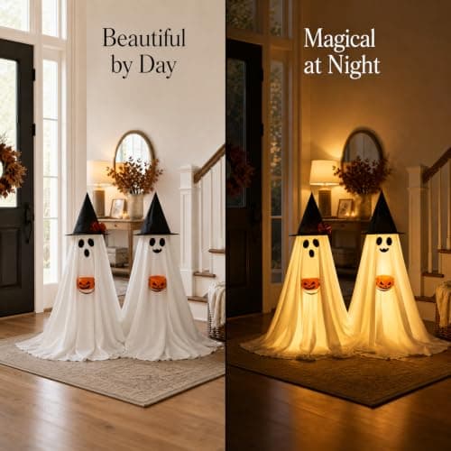 Halloween Decorations Indoor Lighted Ghost, 2 Pack Cute Light Up Ghosts | 2.95Ft Decorations with Witch Hats & Pumpkin Buckets, Indoor Ghost Decor for Entryway, Fireplace, Porch, Party, Home, Yard view 4