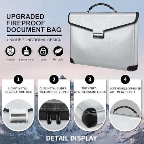 RERAMDO Fireproof Document Bag 14.5"X11"X2.5" Fireproof Money Bag for Cash With Lock and Zipper,Fire&Waterproof Storage Organizer Pouch for Valuables,Legal Document,Laptop,Passport,(Silver) view 4