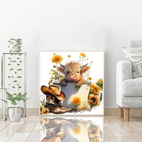 igoodom Cow Diamond Art Kits for Adults, Highland Cow Diamond Art Kits, Full Drill Round Sunflower Diamond Painting Kits, DIY Gem Art and Crafts for Home Wall Decor Gift 14x14inch view 2