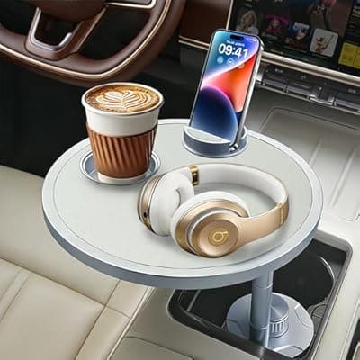 Car Food Tray & Car Table Tray with Car-Grade Aluminum Cup Holder & Phone Stand, Premium Wood with Leather Surface, 360° Rotating Car Desk for Laptop &Eating (Round, White)