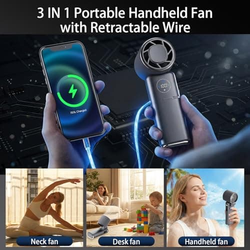 Portable Handheld Fan, 9000mAh Rechargeable Travel Fan as Power Bank, 100 Speed Scroll Wheel, Personal Hand Face Fan for Outdoor & Working, Retractable Wire, Extra-Long Battery Life - Dark Grey view 3