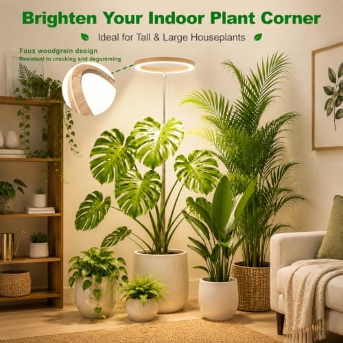 10in Indoor Plant Grow Light, Full Spectrum Grow Lights for Indoor Plants | Wood Grain Large Plant lights, Timer 4/8/12/18H & Dimmable, 16"-66" Height Adjustable, 160 LEDs, House Decor Halo Grow Lamp view 2