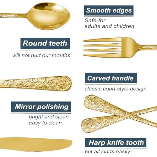 Runfly Vintage Carved Gold Stainless Steel 20 Pieces Flatware Set, Golden Silverware Set, Modern Embossed Cutlery Set Utensils Including Fork Spoon and Knife view 4
