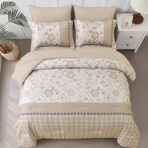 WONGS BEDDING Beige Comforter Set Queen, 7 Pieces Bed in a Bag Floral Geometric Patchwork Soft Microfiber Comforter Bedding Set with Comforter, Flat Sheet, Fitted Sheet, Pillow Shams,Pillowcases view 3