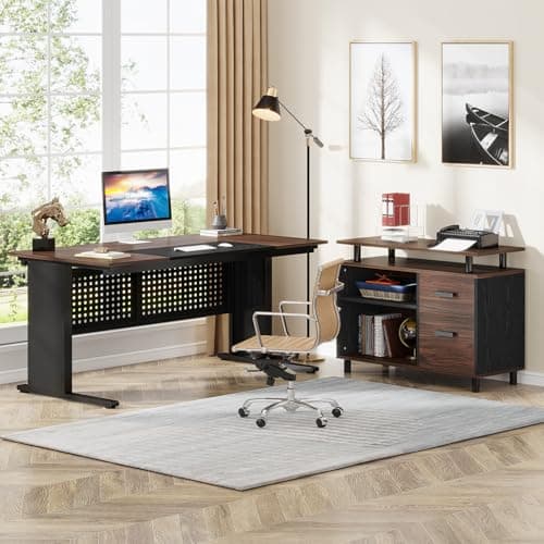 Tribesigns 63 Inch Executive Desk with File Cabinet, Large Office Desk L Shaped Computer Desk with Drawers and Storage Shelves, Business Furniture Desk for Home Office, Dark Walnut and Black view 3