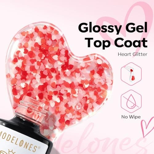 modelones Heart Glitter Gel Top Coat, 15 ML 2 in One No Wipe Clear Gel Nail Polish Red Pink Color Reflective Hearts Sequins Glossy Shine Long Lasting Soak Off Manicure Gift for Women view 2