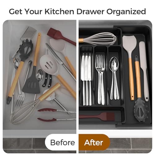 ukeetap Extra Large Expandable Silverware Organizer, BPA-Free Food-Safe Cutlery Flatware Organizer, Kitchen Utensil Drawer Organizer, Adjustable Silverware Holder for Spoons Forks Knives, Black view 6