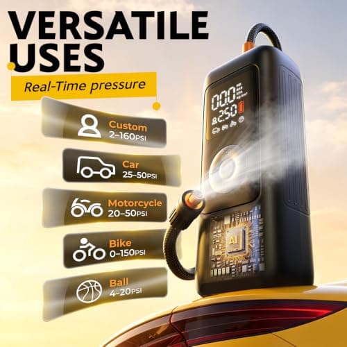 Smart Heavy Duty Tire Inflator, Auto Shut-Off at Target PSI, Portable Air Compressor, 160PSI Fast Air Pump Cordless Rechargeable & 12V DC Power, Pressure Gauge for Cars, Bikes, Motorcycles and Balls view 6