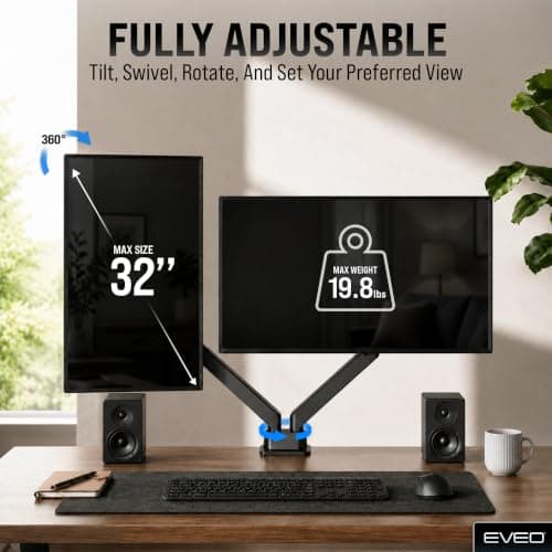 EVEO Premium Dual Monitor Mount 14"-32” Dual Monitor Arm VESA Bracket Adjustable Height Gas Spring Dual Monitor Stand, Screen Full Motion Dual Monitor Arm-Computer Monitor Stand for 2 Screens - Black view 3